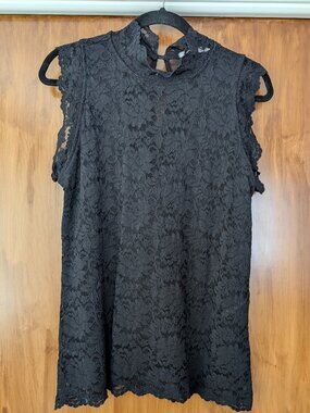 Red Haute lace high collar sleeveless top